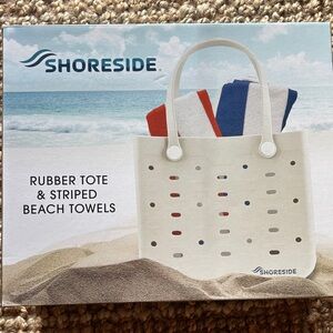 White Rubber Tote with Striped Beach Towels
